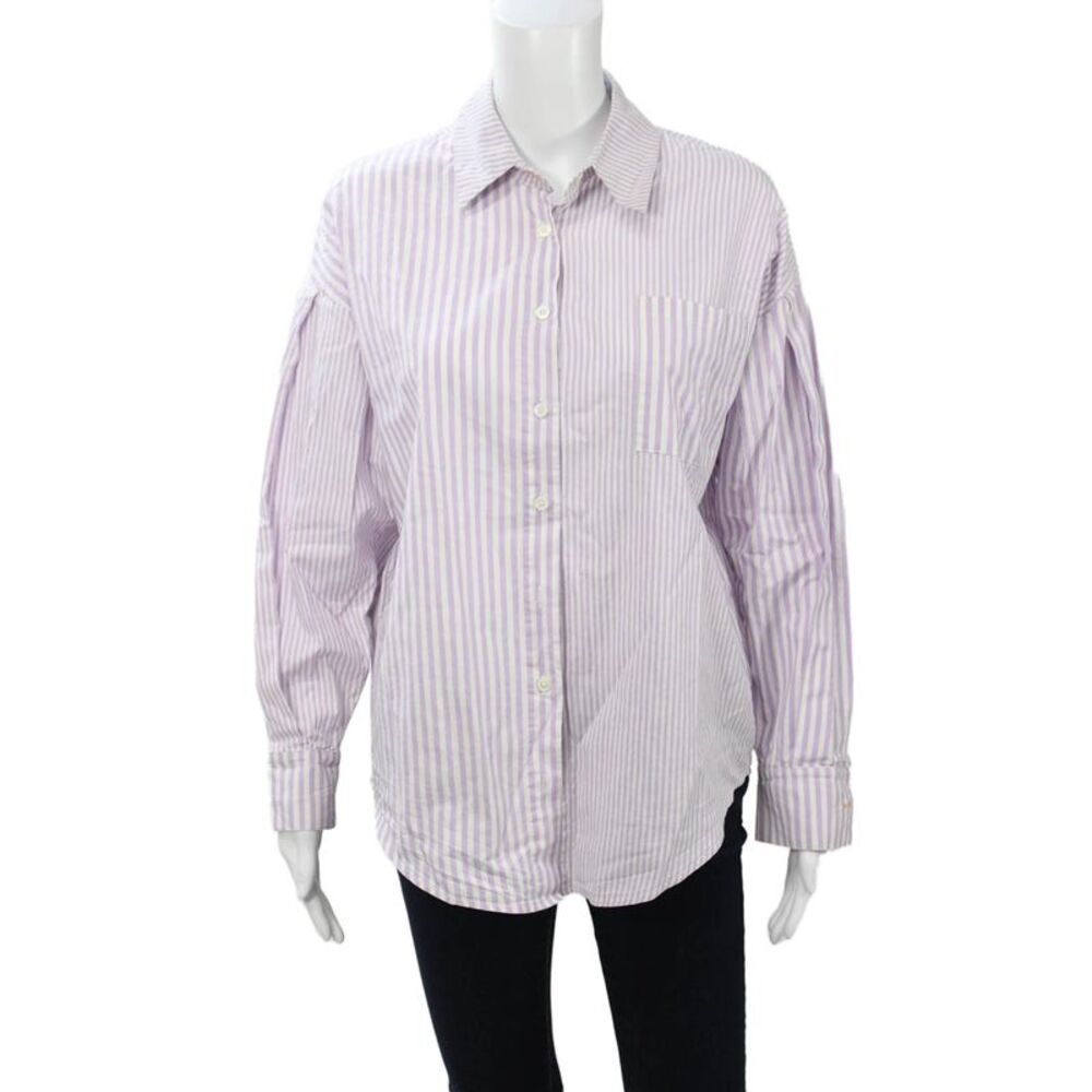 Vero Alfie Womens Purple Striped Button Up Long Sleeve Cotton Top Size 1